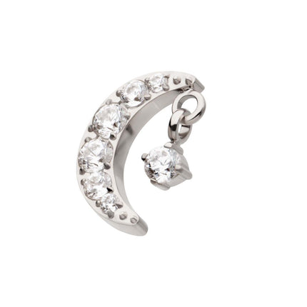 Invictus Titanium Internally Threaded Crescent Moon CZ Top with Dangle Pronged Round CZ
