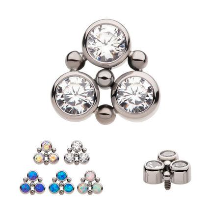 Invictus Titanium Internally Threaded 4-Bead Bezel Round CZ/Opal 3-Cluster Top