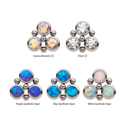 Invictus Titanium Internally Threaded 4-Bead Bezel Round CZ/Opal 3-Cluster Top