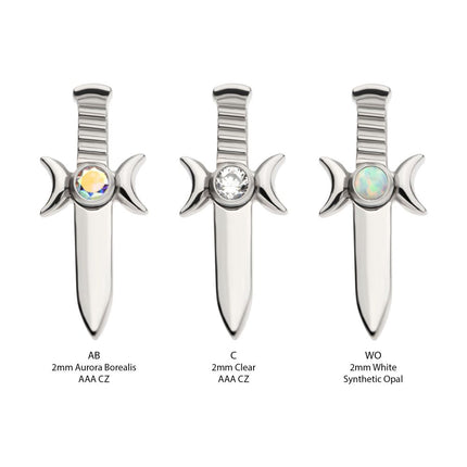 Invictus Titanium Internally Threaded with Bezel Set 2mm CZ/Opal Triple Moon Phase Dagger Top