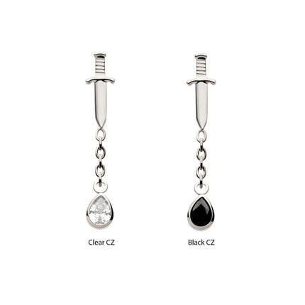 Invictus Titanium Internally Threaded Dangle Chain Bezel Teardrop CZ Dagger Top