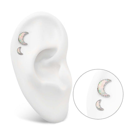Invictus Titanium Internally Threaded Crescent Moon Top with Prong Set White Opal