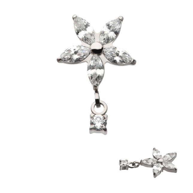 Invictus Titanium Internally Threaded 5 Marquise CZ Flower Shape Top with Dangle Prong Set Round CZ