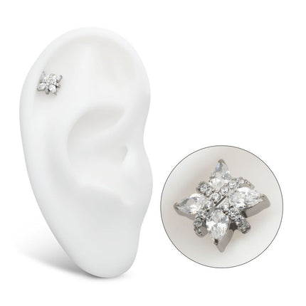 Invictus Titanium Internally Threaded Paved CZ Cross with Pronged Marquise CZ Flower Top