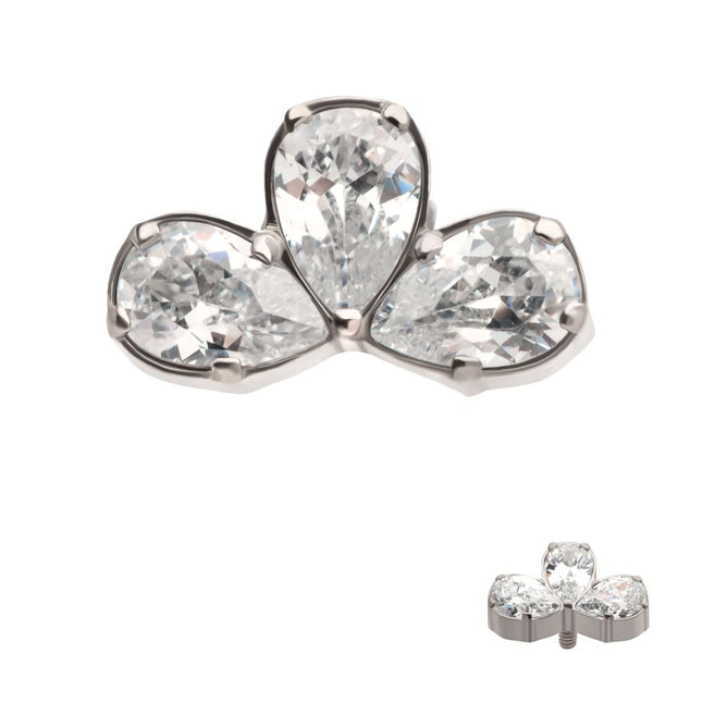 Invictus Titanium Internally Threaded Fan Shape Top with 3 Cluster Prong Set Teardrop CZ