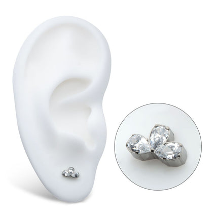 Invictus Titanium Internally Threaded Fan Shape Top with 3 Cluster Prong Set Teardrop CZ