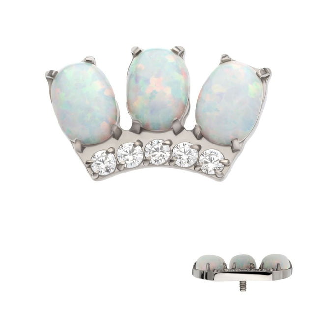 Invictus Titanium Internally Threaded 4-Prong 3 Oval White Opal with 5 Round Clear CZ Cluster Top