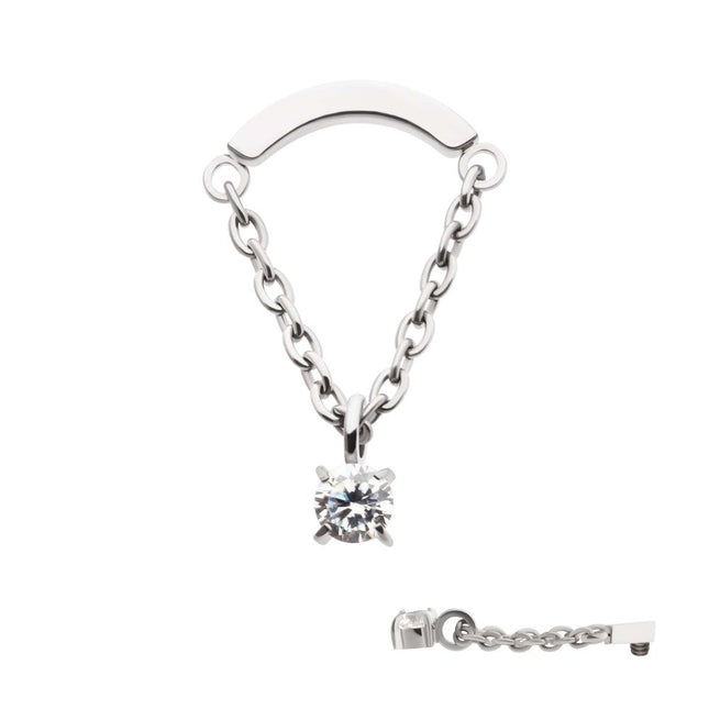 Invictus Titanium Internally Threaded Curved Bar Top with Dangle Chain & Prong Set Round AAA CZ