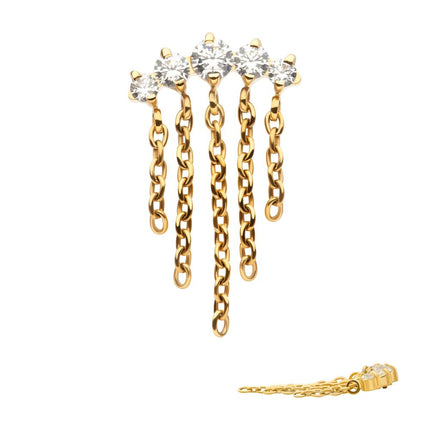 Invictus 24Kt Gold PVD Titanium Internally Threaded 5-Cluster Round AAA CZ Top with 5 Dangle Chains