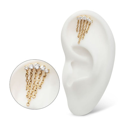 Invictus 24Kt Gold PVD Titanium Internally Threaded 5-Cluster Round AAA CZ Top with 5 Dangle Chains