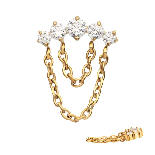 Invictus 24Kt Gold PVD Titanium Internally Threaded 5-Cluster Round AAA CZ Top with 2 Tier Dangle Chain