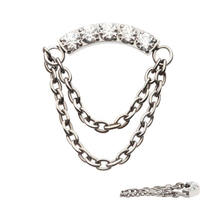 Invictus Titanium Internally Threaded 5-Cluster Round AAA CZ Curved Bar Top with 2 Tier Dangle Chain