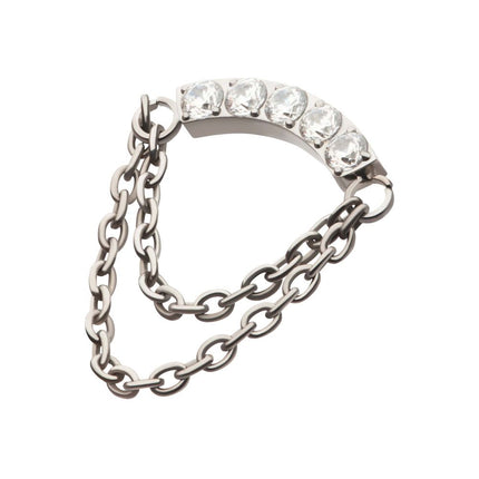 Invictus Titanium Internally Threaded 5-Cluster Round AAA CZ Curved Bar Top with 2 Tier Dangle Chain
