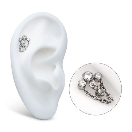 Invictus Titanium Internally Threaded 3-Curved Cluster Bezel Round CZ Top with Chain & Gem Dangles