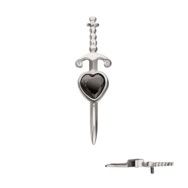 Invictus Titanium Internally Threaded Dagger with Bezel Set Black Heart Gem Top