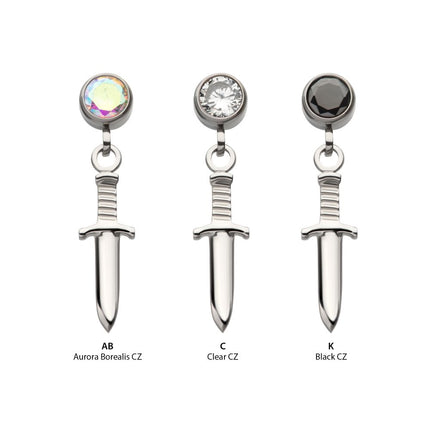 Invictus Titanium Internally Threaded Bezel Round CZ Dangle Dagger Top
