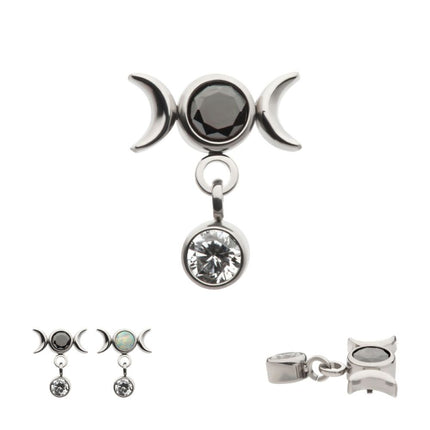 Invictus Titanium Internally Threaded Dangle Bezel Round CZ Triple Moon Phase Gem Top