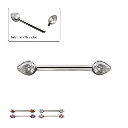 Invictus Titanium Bezel Set Teardrop Gem End Nipple Barbell (One Side Fixed, One Side Internally Threaded) | Sold by piece
