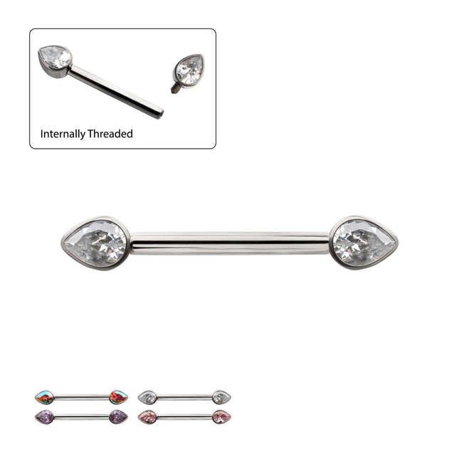 Invictus Titanium Bezel Set Teardrop Gem End Nipple Barbell (One Side Fixed, One Side Internally Threaded) | Sold by piece