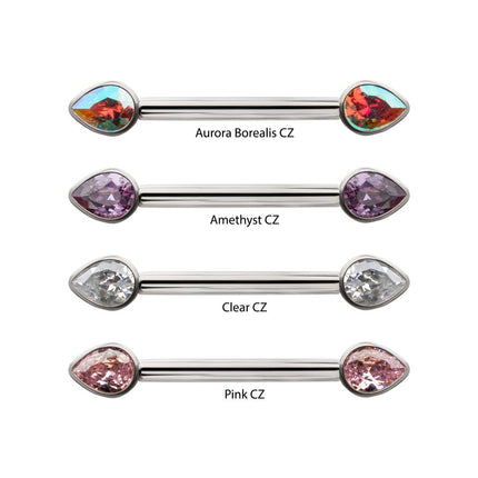 Invictus Titanium Bezel Set Teardrop Gem End Nipple Barbell (One Side Fixed, One Side Internally Threaded) | Sold by piece