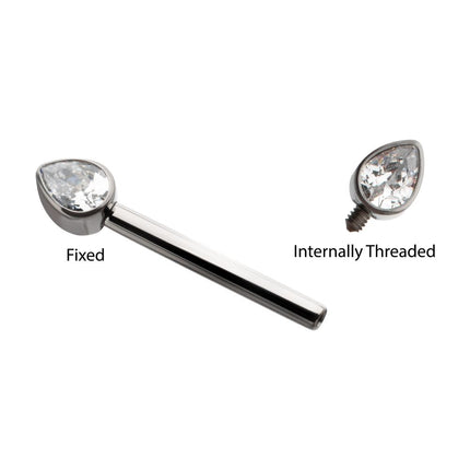 Invictus Titanium Bezel Set Teardrop Gem End Nipple Barbell (One Side Fixed, One Side Internally Threaded) | Sold by piece
