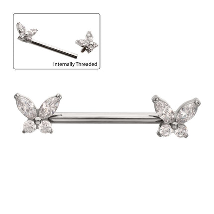 Invictus Titanium Internally Threaded Prong Set Butterfly CZ Gem End Nipple Barbell (One Side Fixed, One Side Internally Threaded) | Sold by piece