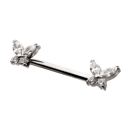 Invictus Titanium Internally Threaded Prong Set Butterfly CZ Gem End Nipple Barbell (One Side Fixed, One Side Internally Threaded) | Sold by piece