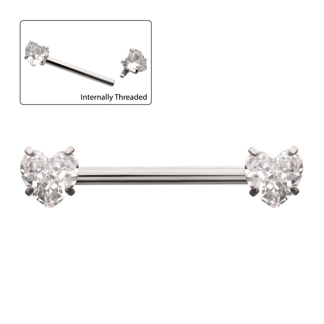 Invictus Titanium Internally Threaded Prong Set Heart CZ Gem End Nipple Barbell (One Side Fixed, One Side Internally Threaded) | Sold by piece