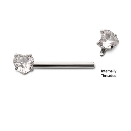 Invictus Titanium Internally Threaded Prong Set Heart CZ Gem End Nipple Barbell (One Side Fixed, One Side Internally Threaded) | Sold by piece