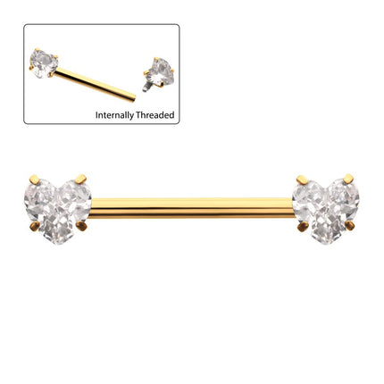 Invictus 24Kt Gold PVD Titanium Internally Threaded Prong Set Heart CZ Gem End Nipple Barbell (One Side Fixed, One Side Internally Threaded) | Sold by piece