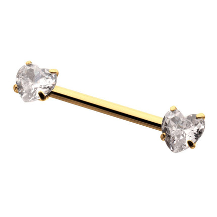 Invictus 24Kt Gold PVD Titanium Internally Threaded Prong Set Heart CZ Gem End Nipple Barbell (One Side Fixed, One Side Internally Threaded) | Sold by piece
