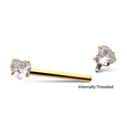 Invictus 24Kt Gold PVD Titanium Internally Threaded Prong Set Heart CZ Gem End Nipple Barbell (One Side Fixed, One Side Internally Threaded) | Sold by piece