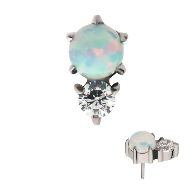 Invictus Titanium Threadless with Prong Set Round White Opal & Clear CZ Top