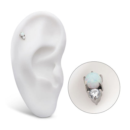 Invictus Titanium Threadless with Prong Set Round White Opal & Clear CZ Top