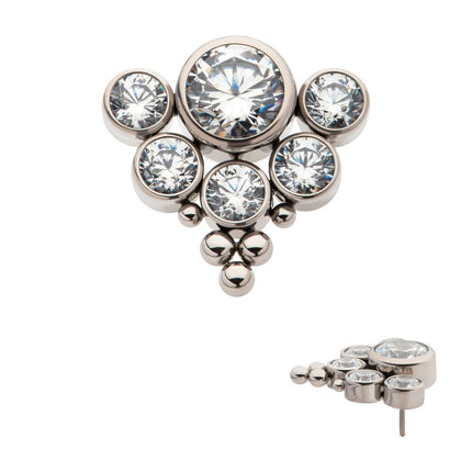 Invictus Titanium Threadless Tri-bead end with 5mm & 3mm Bezel Set AAA Clear CZ Cluster Top