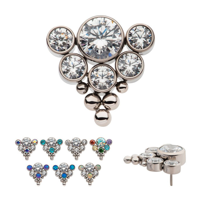Invictus Titanium Threadless Tri-bead end with 4mm & 2.5mm Bezel Set AAA Clear CZ/Opal Cluster Top