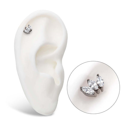 Invictus Titanium Threadless with Prong Set Marquise CZ 3-Cluster Top
