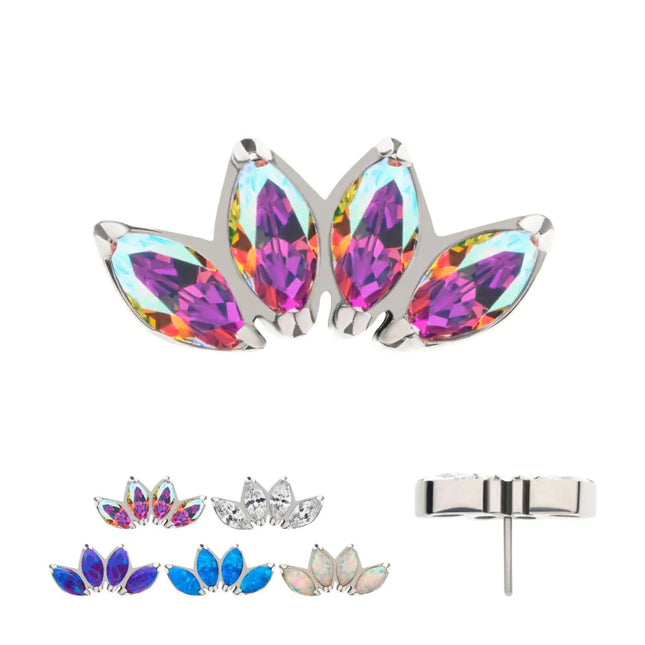 Invictus Titanium Threadless 4 Cluster Fan Shape Top with Prong Set Marquise CZ/Opal