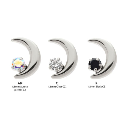 Invictus Titanium Threadless Crescent Moon with Prong Set CZ Top
