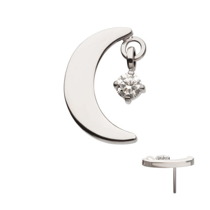 Invictus Titanium Threadless Crescent Moon Top with Dangle Pronged Round CZ