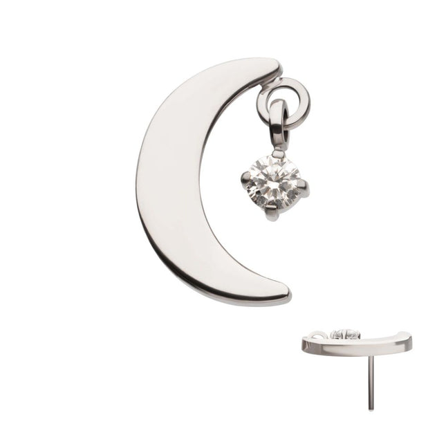 Invictus Titanium Threadless Crescent Moon Top with Dangle Pronged Round CZ
