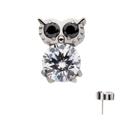Invictus Titanium Threadless Prong Set Round Black & Clear CZ Owl Top