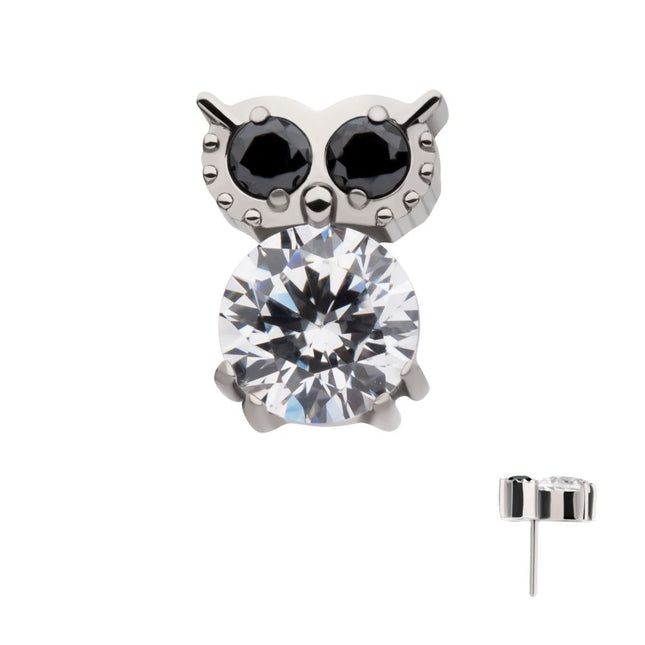 Invictus Titanium Threadless Prong Set Round Black & Clear CZ Owl Top