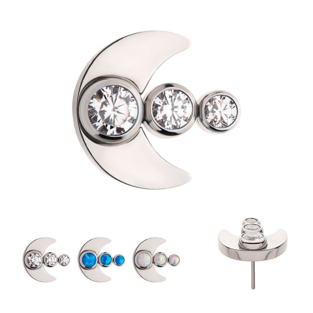 Invictus Titanium Threadless 3-Cluster Bezel Set Gem/Opal Crescent Moon Top