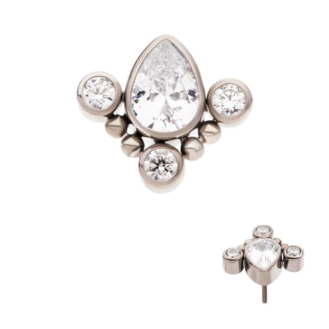 Invictus Titanium Threadless Beaded Bezel Set Teardrop & Round Gem Cluster Top