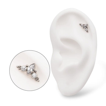 Invictus Titanium Threadless Beaded Bezel Set Marquise & Round Gem 3-Cluster Top