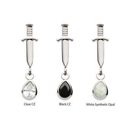 Invictus Titanium Threadless Dangle Bezel Teardrop Gem Dagger Top