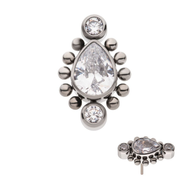Invictus Titanium Threadless with Bezel Set Round CZ & Beads Around Teardrop CZ Top
