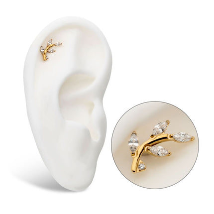 Invictus 24Kt Gold PVD Threadless Prong Set Marquise CZ Leaf Top