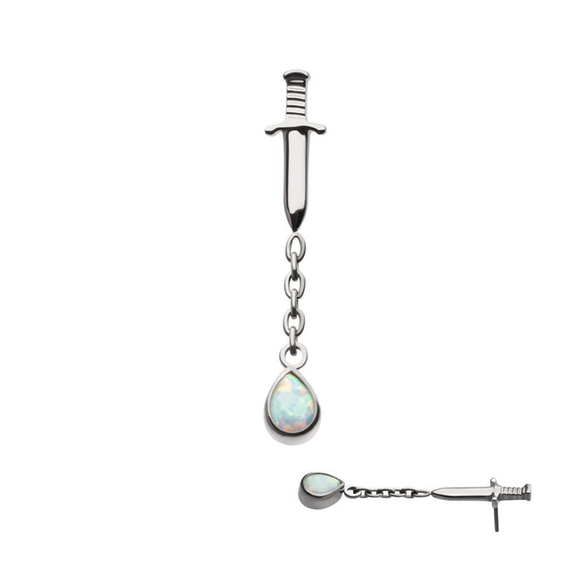 Invictus Titanium Threadless Dagger Top with Bezel Set Teardrop Opal Chain Dangle